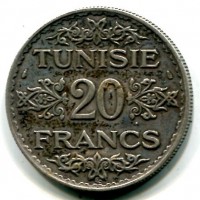 Tunisia, Protettorato francese, Ahmad Pasha Bey (1348-1361/1929-1942): 20 franchi 1353 (KM#268)

