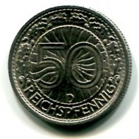 Germania, Repubblica di Weimar (1919-1933): 50 reichspfennig 1936-D (KM#49), coniato durante il terzo reich
