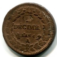Francia, Direttorio (1795-1799): 1 decime L'AN 4-A su 2 decimes  (Gadoury#186)
