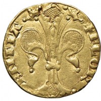 Firenze, Repubblica (1189-1533): fiorino, simbolo girasole (signore di zecca sconosciuto 1348-67) (MIR#10/6; Bernocchi#438-441, un solo esemplare censito), grammi 3.51. Con vecchio cartellino della collezione Zoppola riportante acquisto del 1913 dalla collezione M.Faure