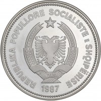 Albania, Repubblica Socialista (1945-1991): 50 leke 1987 (K.M#58), 15000 pz coniati. In confezione, con leggero strappo nella plastica. Grande moneta da 169,20 grammi.