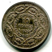 Tunisia, Protettorato francese, Ahmad Pasha Bey (1348-1361/1929-1942): 10 franchi 1939 (KM#265)
