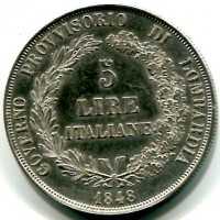 Milano, Governo Provvisorio 1848: 5 lire 1848 (Gigante#3), colpetti
