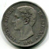 Spagna, Alfonso XII (1874-1885): 5 pesetas 1876 (KM#671)
