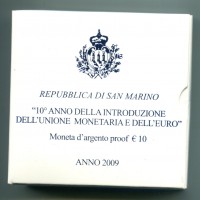 San Marino 2009: 10 euro "10° Anniversario Della Introduzione Dell'Unione Monetaria e Dell' Euro", in confezione originale, -Proof-
