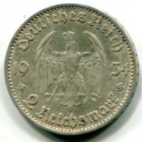 Germania, Terzo Reich (1933-1945): 2 marchi 1934-D "1° Anniversario" (KM#81)
