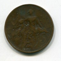 Francia, Terza Repubblica (1871-1940): 5 centesimi 1907 "Daniel Dupuis" (Gadoury#165)