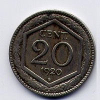 Vittorio Emanuele III (1900-1943): 20 cent. 1920 "Esagono" (Gigante#216)