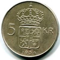 Svezia, Gustaf VI (1950-1973): 5 kronor 1954 (KM#829), segno al D/
