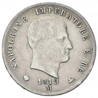 Milano, Napoleone I (1805-1814): 5 lire 1812 (Gigante#112a), rara variante con delle V inverite invece delle A nella scritta "NAPOLEONE IMPERATORE"