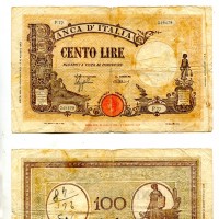 Repubblica Sociale Italiana: 100 lire 11/11/1944 "Grande B" (Gigante,BI#24c), macchie, scritte e strappi
