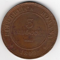 Bologna, Seconda Repubblica Romana (1848-1849): 3 baiocchi 1849, 2° tipo (Gigante#8)
