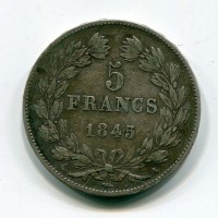 Francia, Luigi Filippo (1830-1848): 5 franchi 1845-A (Gadoury#678A)