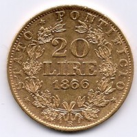 Roma, Pio IX (1846-1870): 20 lire 1866-XXI (Gigante#266)
