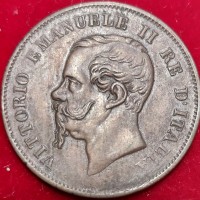 Vittorio Emanuele II (1861-1878): 5 cent. 1861-Bo (Gigante#101), buona qualità x il tipo di moneta  BB+/qSPL. Mancanza della firma dell'incisore x evidente consunzione/debolezza del conio