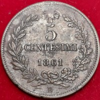 Vittorio Emanuele II (1861-1878): 5 cent. 1861-Bo (Gigante#101), buona qualità x il tipo di moneta  BB+/qSPL. Mancanza della firma dell'incisore x evidente consunzione/debolezza del conio