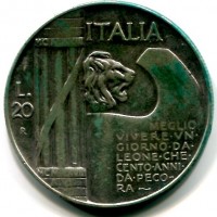 Vittorio Emanuele III (1900-1943): 20 lire 1928-VI "Elmetto" (Gigante#43), macchie verdi
