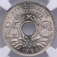 Francia, Terza Repubblica (1871-1940): 25 centesimi 1924 "Lindauer" (Gad#380, KM#867a), in slab NGC MS66, conservazione eccezionale