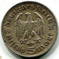 Germania, Terzo Reich (1933-1945): 5 marchi 1935-A (KM#86), colpetti al bordo
