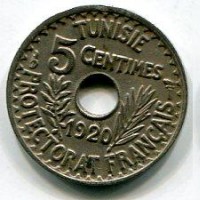 Tunisia, Protettorato Francese, Muhammad Al-Nasir Bey (1324-1340/1906-1922): 5 cent. 1920 (KM#245), formato ridotto