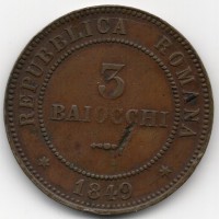 Roma, Seconda Repubblica Romana (1848-1849): 3 baiocchi 1849, II tipo (Gigante#7)
