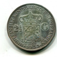 Olanda, Guglielmina (1890-1948): 2 1/2 gulden 1933 (KM#165)
