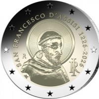 Italia 2026: 2 euro commemorativo "San Francesco d'Assisi", nel cofanetto ufficiale. Tiratura 5.000 pezzi. -REVERSE Proof