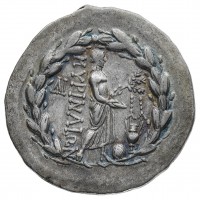 Aeolis, Myrina (155-145 a.C.): tetradracma (SNG Von Aulock#1663), grammi 16.58. Bellissima patina iridescente, corredata di vecchio cartellino di Carlo Crippa