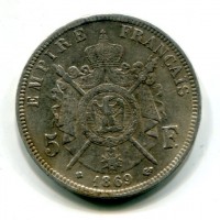 Francia, Napoleone III (1852-1870): 5 franchi 1869-BB (Gadoury#739)

