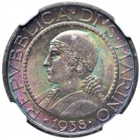 San Marino: 5 lire 1938 (Gigante#23) in slab NGC MS66star-Top Pop- Eccezionale patina iridescente sulla totalità della moneta