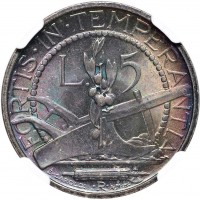 San Marino: 5 lire 1938 (Gigante#23) in slab NGC MS66star-Top Pop- Eccezionale patina iridescente sulla totalità della moneta