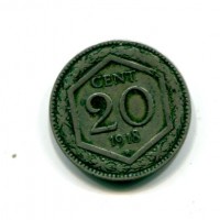 Vittorio Emanuele III (1900-1943): 20 cent. 1918 "Esagono" (Attardi,388#E179c), asse spostato 180°