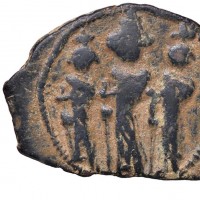 Eraclio (610-641 d.C.): follis con il figlio Eraclio Costantino ed Eracleona, zecca di Cipro, anno 17° (Sear#849; ratto#1481/3), grammi 5,4