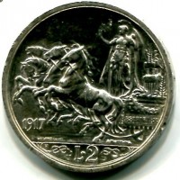 Vittorio Emanuele III (1900-1943): 2 lire 1917 "Quadriga Briosa" (Gigante#104), lucidata

