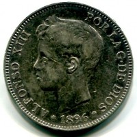 Spagna, Alfonso XIII (1886-1931): 5 pesetas 1896 (KM#707)
