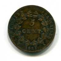 Colonie Francesi, Carlo X (1824-1830): 5 cent.1825-A coniato per Guyana e Senegal (Gadoury#298)