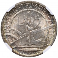 San Marino: 5 lire 1937 (Gigante#22) in slab NGC MS65