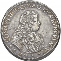 Firenze, Cosimo III De' Medici (1670-1723): piastra 1678 (MIR#326/5; CNI#54/5; DiGiulio#117, Pucci#29; Galeotti,VII#10/2), grammi 31.09