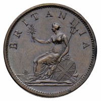 Gran Bretagna, Giorgio III (1760-1820): 1 penny 1806-Soho (KM#663; Spink#3780), in slab NGC MS64BN. Grande qualità, dal vivo è molto più bello
