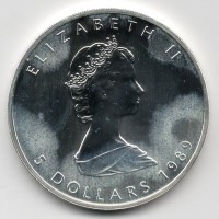Canada, Elisabetta II (1952-2022): 5 dollari 1989 "Maple Leaf", white milk spots -Oncia-
