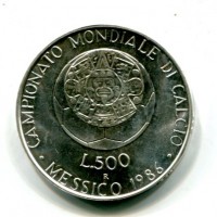 Repubblica Italiana: 1986, 500 lire "Calcio Messico", da confezione zecca