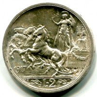 Vittorio Emanuele III (1900-1943): 2 lire 1917 "Quadriga Briosa" (Gigante#104), colpetto

