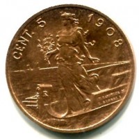 Vittorio Emanuele III (1900-1943): 5 cent. 1908 "Italia su prora" (Gigante#257), moneta pulita
