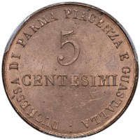 Parma, Maria Luigia (1815-1547): 5 centesimi 1830 (Gigante#14), conservazione eccezionale, rame rosso fuoco, in slab PCGS MS64RD