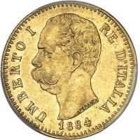 Umberto I (1878-1900): 20 lire 1884 (Pagani#580; MIR#1098i), grammi 6.45, mm 21. In slab PCGS A55
