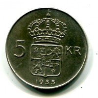 Svezia, Gustaf VI (1950-1973): 5 kronor 1955 (KM#829)
