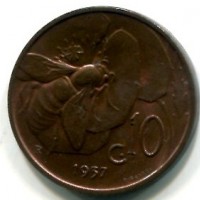 Vittorio Emanuele III (1900-1943): 10 cent. 1937 "Ape" (Gigante#266), rame rosso
