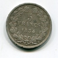 Francia, Luigi Filippo (1830-1848): 5 franchi 1834-A (Gadoury #678)