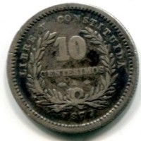 Uruguay, Repubblica (dal 1830): 10 centesimos 1877 (KM#14)
