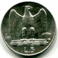 Vittorio Emanuele III (1900-1943): 5 lire 1930 "Aquilino" (Gigante#77)
